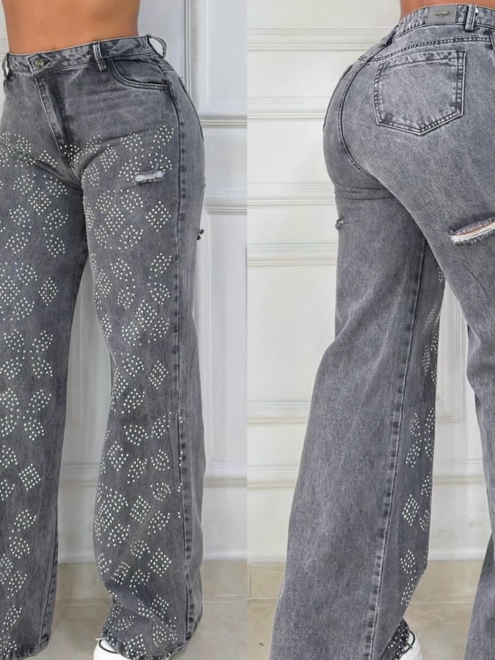 High-Rise Gray Rhinestone Wide-Leg Jeans